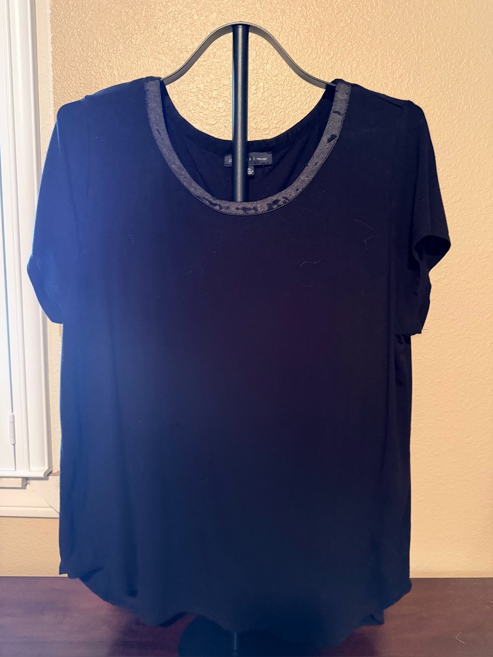 Joan Vass Black Short-Sleeve Tee with Satin-Trim Collar